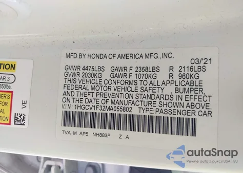 2021 Honda Accord Sport из США, поврежденный, VIN 1HGCV1F32MA055802